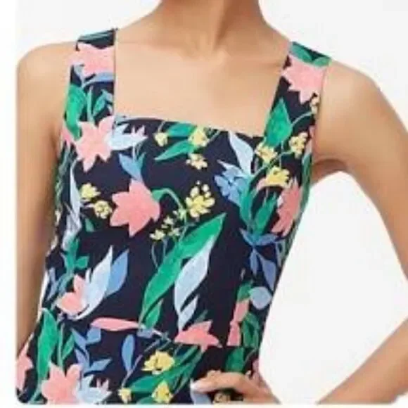 J.Crew Factory Floral Basketweave Square Neck Sheath Dress Navy - Picture 3 of 10
